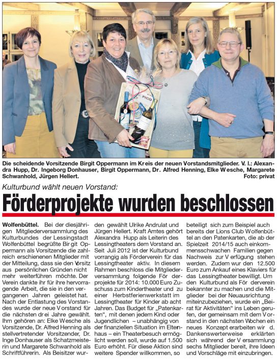 Kulturbund der Lessingstadt Wolfenbüttel e.V. - Presseartikel neuer Vorstand