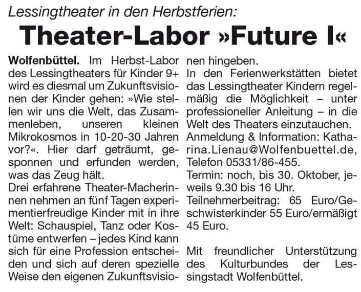 Kulturbund der Lessingstadt Wolfenbüttel e.V. - Presseartikel Theaterlabor Future 1