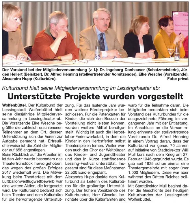 Kulturbund der Lessingstadt Wolfenbüttel e.V. - Presseartikel Mitgliederversammlung