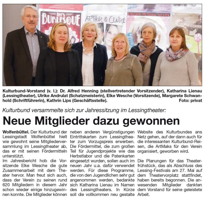 Kulturbund der Lessingstadt Wolfenbüttel e.V. - Mitgliederversammlung 2018